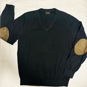 Black Mens Cotton Cashmere Massimo Dutti Sweater with brown suede patches.